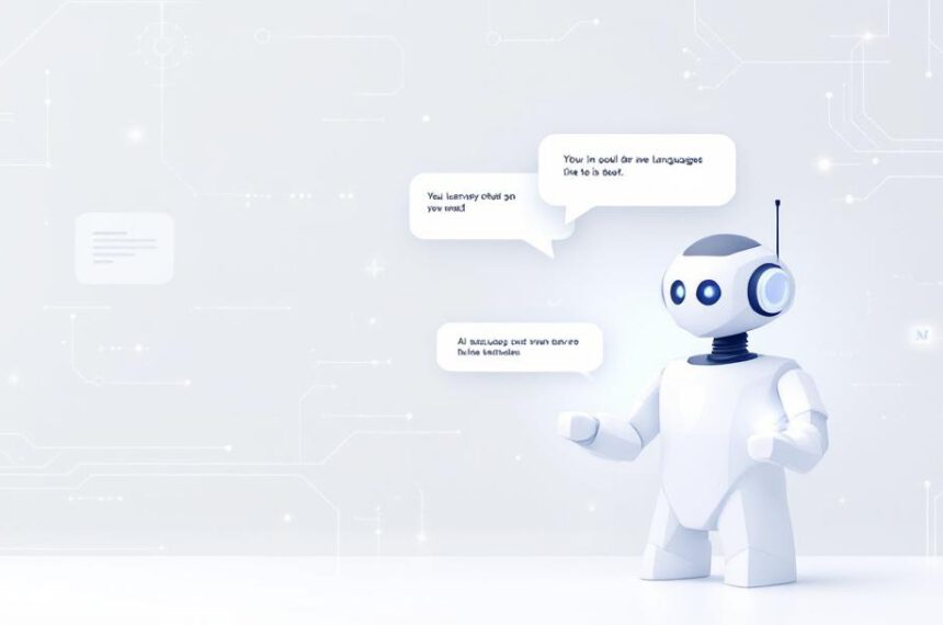 Illustration eines stilisierten Chatbots mit Sprechblasen, die Künstliche Intelligenz einfach erklärt symbolisiert.