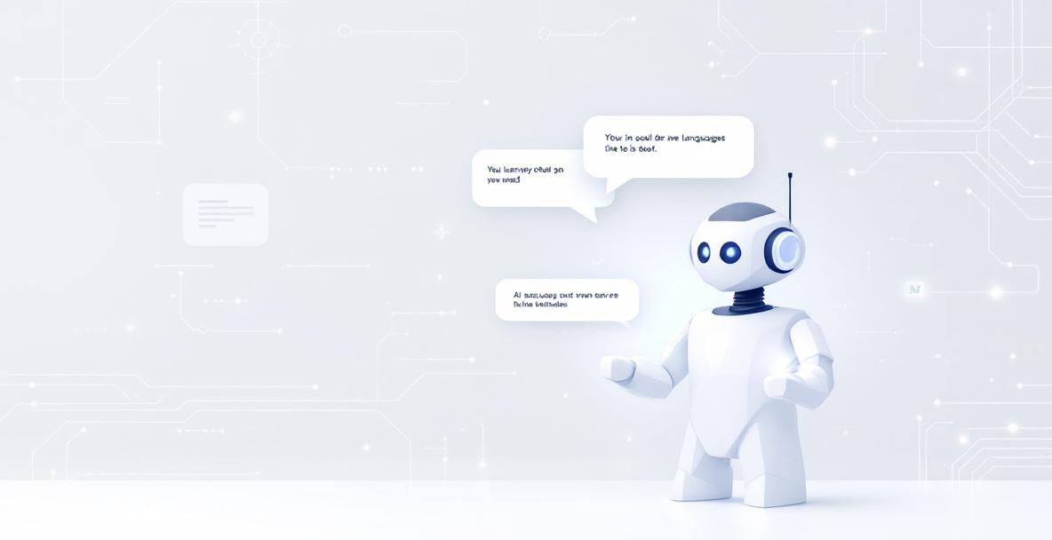 Illustration eines stilisierten Chatbots mit Sprechblasen, die Künstliche Intelligenz einfach erklärt symbolisiert.